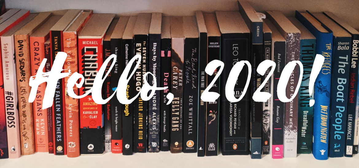 Bookshelf with words Hello, 2020! on top